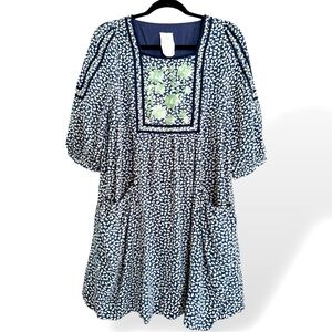 De Base Embroidered Peasant Babydoll Dress Cream Blue Seafoam Medium Japanese